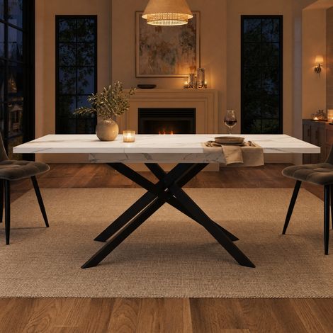 Mesa de comedor extensible 120-160 x 80 x 76,5 cm en MDF y metal blanco y negro HAVRYA (1/5)