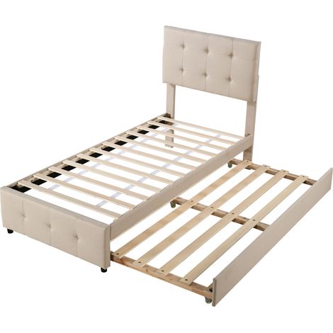 Letto per bambini imbottito 90 x 200 cm con letto estraibile, testiera regolabile, beige (1/5)