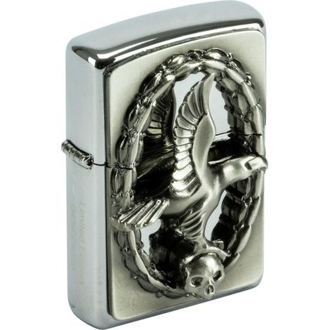 Briquet tempête – Aigle en miroir, chrome poli, emblème – Rechargeable – Réutilisable – Design coupe-vent – Boîte cadeau – Fabriqué aux États-Unis (1/2)