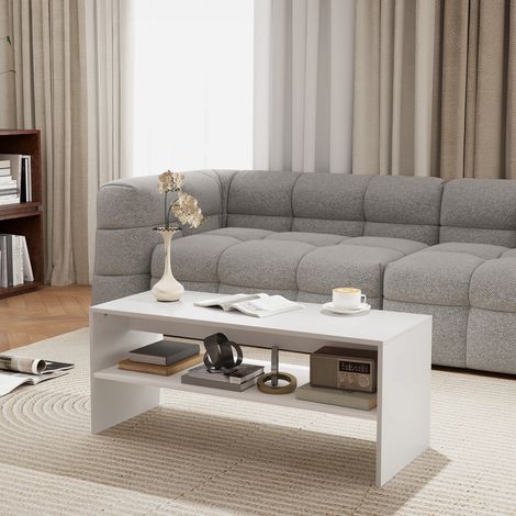Table Basse Moderne en Bois à 2 Niveaux avec Plateau Ouvert, 100x40x41.5 cm, Blanc (1/5)