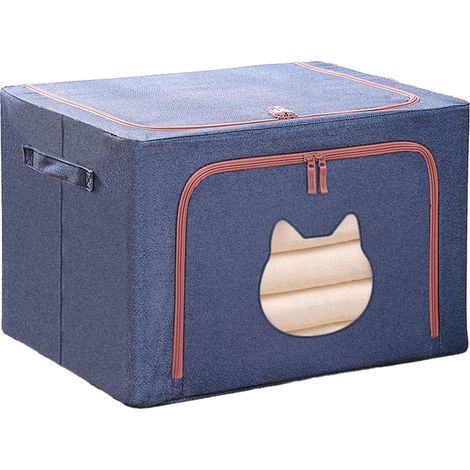 Boîte de rangement transparente en tissu cationique à motif tête d'animal, cadre en acier robuste, boîte de rangement pliable et multifonctionnelle indispensable pour dortoir (bleu - chat) (1/5)