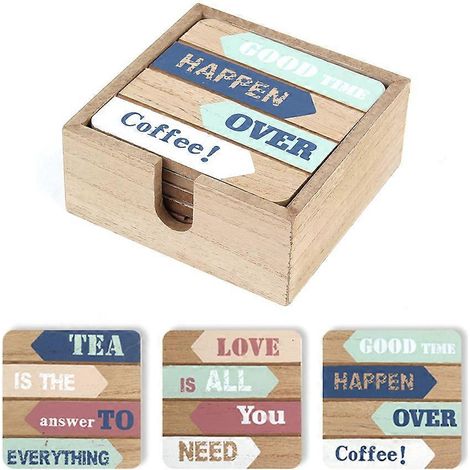Lot de 6 dessous de tasse rustiques en bois avec support, carrés, style vintage, isolants thermiques, pour tasses à café ou en verre. Décoration de table (1/5)