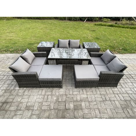 Fimous Wicker PE Rattan Garden Furniture Sets Outdoor Lounge Sofa Set with Oblong Dining Table Double Seat Sofa 2 Big Footstool 2 Side Tables Dark Grey Mixed (1/5)