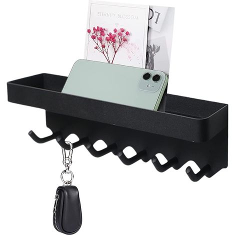 Selbstklebender Wandhaken, 1 Wandschlüsselhalter, Wandschlüsselablage, selbstklebend, Schlüsselhalter aus Edelstahl, mit 6 Haken, kein Bohren erforderlich, langlebig, für Türen, Wohnzimmer, Büros (sch (1/4)