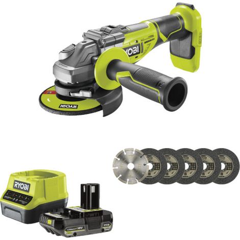 Confezione RYOBI Smerigliatrice angolare senza spazzole R18AG7-0 - 18V OnePlus - 1 batteria 2.0Ah - 1 caricatore rapido