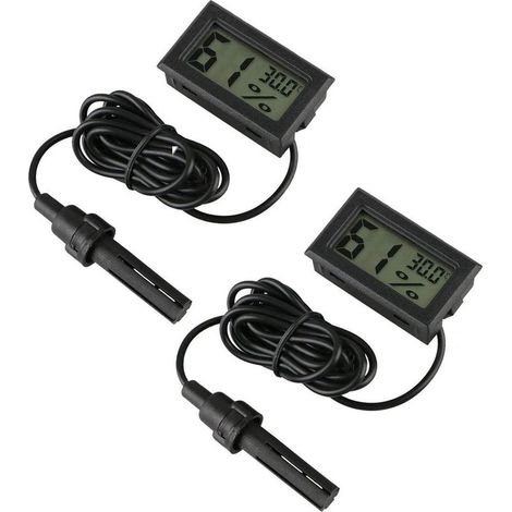 Thermomètre-hygromètre numérique, mini-thermomètre à sonde avec affichage de la température et de l'humidité, idéal pour les reptiles, incubateurs, aquariums, volailles, bureaux et salons (lot de 2). (1/5)