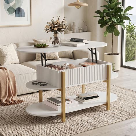 Table Basse Relevable Blanc 106 cm avec Coffre de Rangement Bureau de Salon, Gain de Place Plateau Hydraulique, Design Moderne