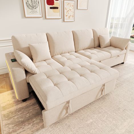 Sofá esquinero convertible 262,5x140x89 cm en chenilla beige con LED y USB – MEUBLIV (1/5)