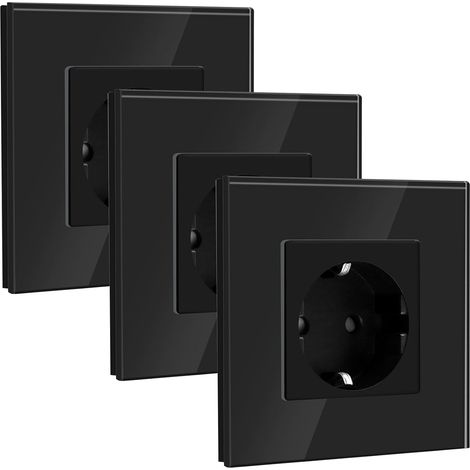 Prise Murale Schuko 1 Gang, Prise en Verre 16Amp avec Plaque en Verre Cristal 86 mm, Rallonge Murale, Noir 3 Pack (1/5)