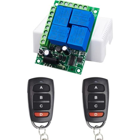 Commutateur de télécommande AC 220V 230V 10A 4 canaux 433Mhz RF Récepteur relais avec 2 émetteurs pour moteur Porte de portail,garage Lumière Rideau électrique DIY (1/5)