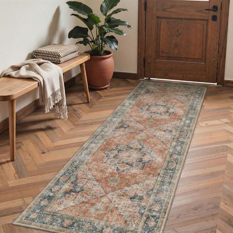 Tapis Salon Vintage Entree 80x150cm Lavable en Machine AntidéRapant Poil Ras, pour Chambre Salle a Manger Descente de Lit Bureau, Cuisine, Rouge Chaud Rétro (1/5)
