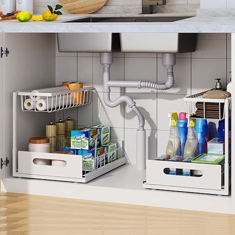 GROOFOO 2Pcs Rangement sous l'Évier, Organisateur d'Armoire Coulissante à 2 Niveaux, Multi-Usage pour le Rangement et l'Organisation sous l'Évier de la Cuisine et de la Salle de Bain (Blanc)