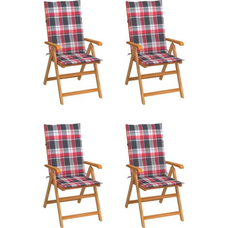 Sillas de jardín 4 uds madera maciza teca cojines cuadros rojos