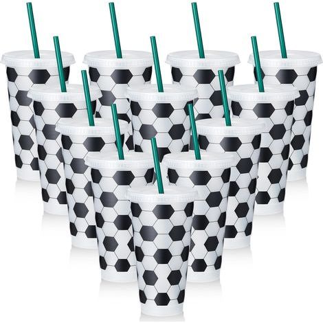 Lot de 12 gobelets en plastique sur le thème du football (710 ml / 24 oz, avec couvercles et pailles, réutilisables) (1/5)