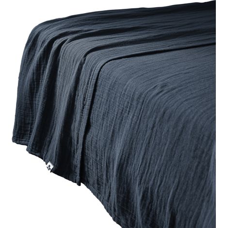 Drap plat 240x300 cm Gaze de coton unie GAIA coloris Bleu Minuit