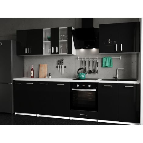 Küche Küchenzeile Leco schwarz Hochglanz 280cm-weiß (1/5)