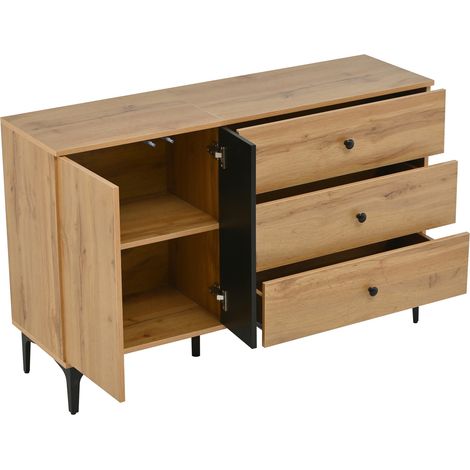 Credenza moderna in legno naturale e nero con 3 cassetti 120 x 35 x 76 cm (1/5)