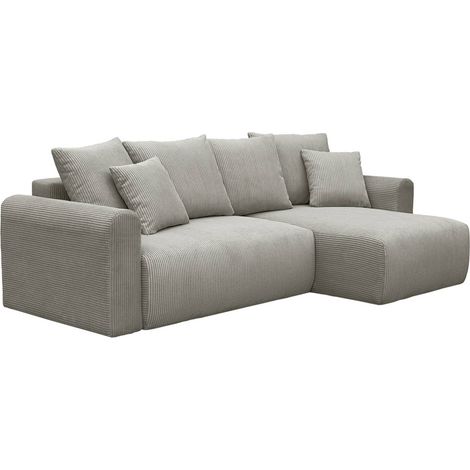 sweeek - 3-Sitzer Ecksofa mit Schlaffunktion und Cordbezug, Recamiere beidseitig montierbar, Cord, Hellgrau