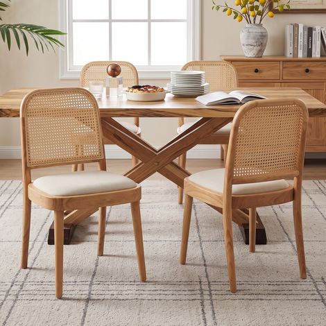 Juego de 4 sillas de comedor de madera maciza, respaldo de ratán, asiento de lino, color madera (1/5)