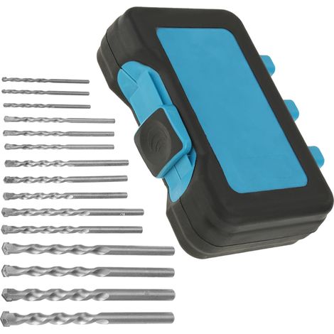 Coffret de 15 forets à maçonnerie à pointe carbure de 3 à 10 mm pour béton, brique et carrelage. Emballage en boîte plastique bleue.