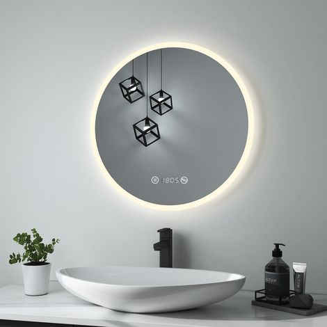 Heilmetz Espejo Redondo de Baño Antivaho Interruptor Táctil Luz Natural(4300k) Brillo ajustable Diámetro:60 cm Espejo Baño LED con Relojes (1/5)