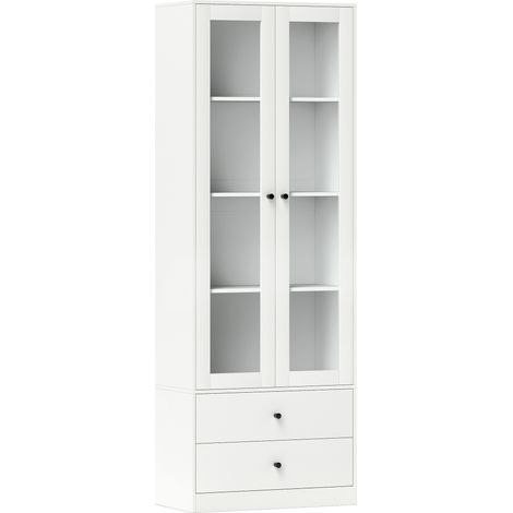 Meuble de rangement moderne blanc 59x30x164 cm avec armoire vitrée, étagères ajustables et 2 tiroirs (1/5)