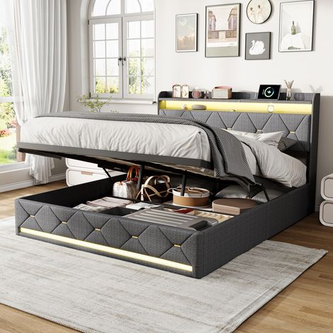Lit coffre 160x200 avec LED, lit hydraulique avec multiprise, lit double avec rangement, lit 160x200 avec sommier, lattes en bois, tête de lit capitonnée avec étagères ouvertes, lin, gris (1/5)