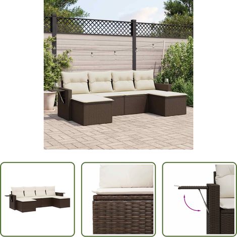 vidaXL Rattan - 6-tlg. Garten-Sofagarnitur mit Kissen Braun Poly Rattan (1/5)