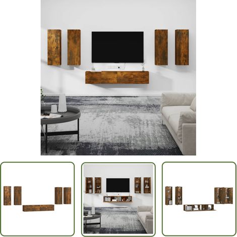 The Living Store 6-tlg. TV-Schrank-Set Räuchereiche Holzwerkstoff - TV-Schrank - Fernsehtisch - Regal - Wohnzimmer Dekoration - Holzmöbel (1/5)