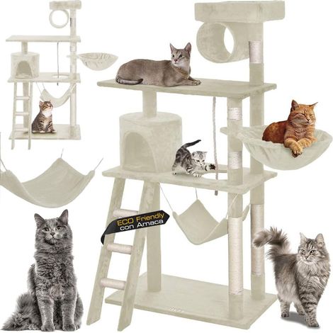 Grattoir, Arbre à Chat, Arbre d'escalade avec hamac, colonnes en sisal, Stable et Extra Large, abris, escalier, Jeu en sisal et Corde de Jeu, Hauteur de 143 cm, Beige (1/5)