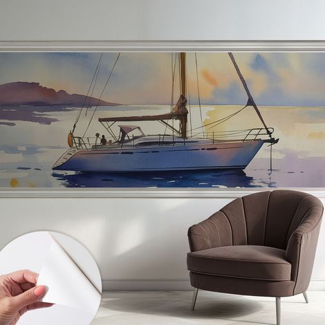 Papier peint adhésif autocollant pour salon chambre à coucher peint imprimé pour mur Voilier au coucher du soleil 250x104 cm (1/5)