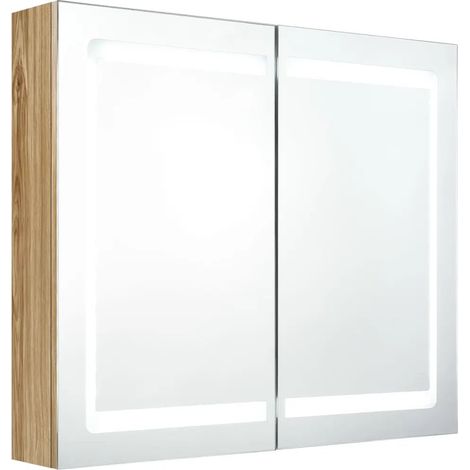 Armario de pared contemporáneo con espejo e iluminación LED 80 x 12 x 68 cm iluminación suave almacenamiento práctico MDF efecto roble 020046749 (1/5)