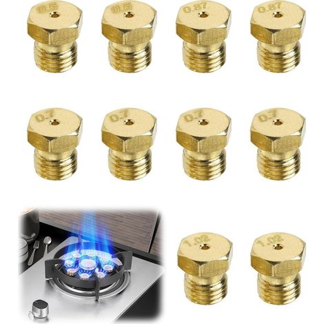 10PCS Gicleurs pour Gazinière et Four à Gaz, Universels en Laiton, Gicleurs pour Gaz Butane, Compatibles pour Butane et Gaz de Ville, 0.5mm, 0.87mm, 1.02mm, 0.7mm, pour Cuisinières et Fours à Gaz