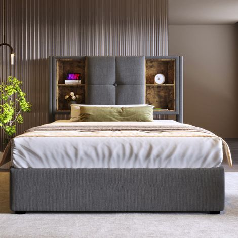 Einzelbett mit Kabellosem Laden USB C, Polsterbett Bettgestell ,Bettgestell mit Stauraum Lattenrost aus Holz-Natürlich Leinen (Ohne Matratze