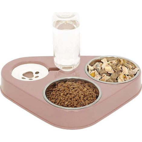 Gamelle double pour chat, gamelle anti-vomissement 3 en 1 en acier inoxydable, distributeur d'eau automatique, convient aux chats et aux chiots (rose) (1/4)