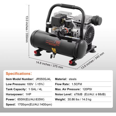 Compresseur d'air sans huile 4 L – Portable silencieux – Gonflage pneus et réparation auto (1/5)