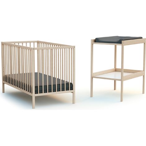Chambre bébé complète 60x120 cm – Lit à barreaux en bois hêtre – Table à langer compacte avec rangement – Conforme norme EN-716-1 – AT4