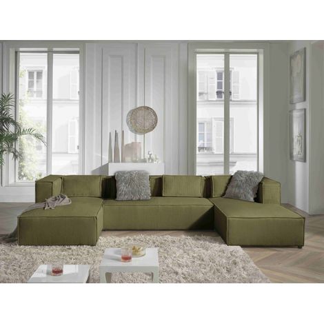 Lisa Design – Canapé d'angle panoramique 7 places – Revêtement velours côtelé 100 % polyester – Dimensions L327xH64xP176 cm – Confort optimal avec 4 coussins décoratifs (1/5)