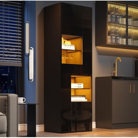 Vitrine noire avec LED, 1 tiroir et 4 placards, 55x38x170 cm, pour salon et bureau (1/5)