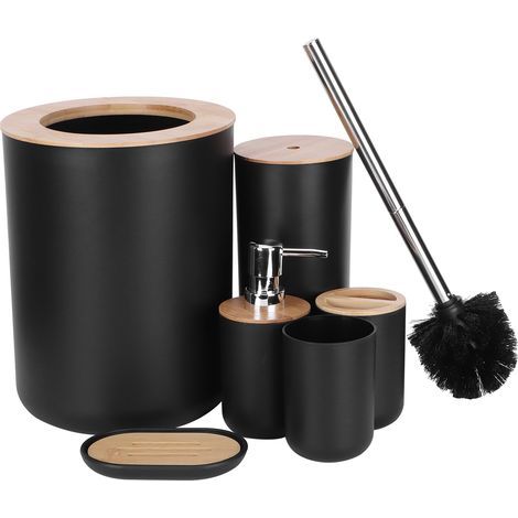 Ensemble Salle de Bain 6 Pièces en Bambou Noir : Porte-Brosses, Distributoir Savon, Récipient, Brosse WC, Poubelle Élégante (1/4)