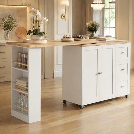 Isla de cocina 203/39/104 cm en blanco con giro 360°, ruedas y almacenaje (1/5)
