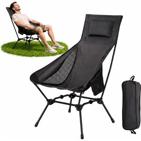 Verstellbarer Campingstuhl – 2 Höhenverstellungen (90 cm und 75 cm) – 58 x 74 x 90 cm – Maximale Belastung: 120 kg – Schwarz (1/5)