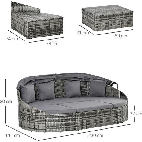 Ensemble de jardin et terrasse Outsunny Rattan Sun Island 4 pièces avec parasol et coin salon, 4 coussins, gris métallisé, 230 x 145 x 80 cm (1/5)
