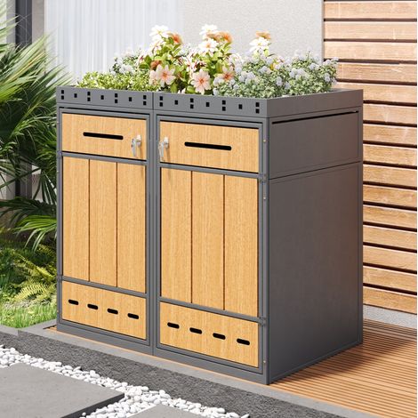 Abri pour poubelles 132x80x124 cm en acier gris avec bac à plantes, pour terrasse – MEUBLIV (1/5)