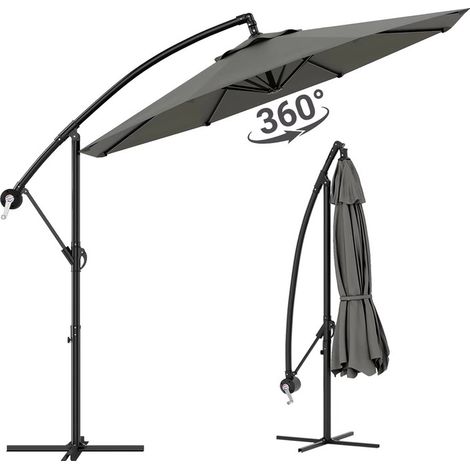 Parasol de jardin 300 cm 360° rotatif – Parasol déporté à manivelle – Réglable en inclinaison – Tissu étanche – Avec socle,Gris (1/5)