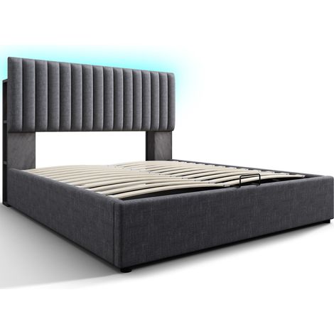 Letto matrimoniale imbottito 140 x 200 cm grigio con contenitore, LED e porte USB Type C (1/5)