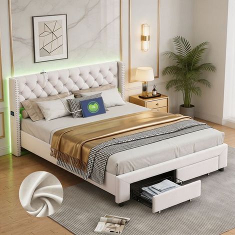 Letto 140x190 cm - NEXU - Testiera imbottita - LED e USB integrati - 2 cassetti (1/5)
