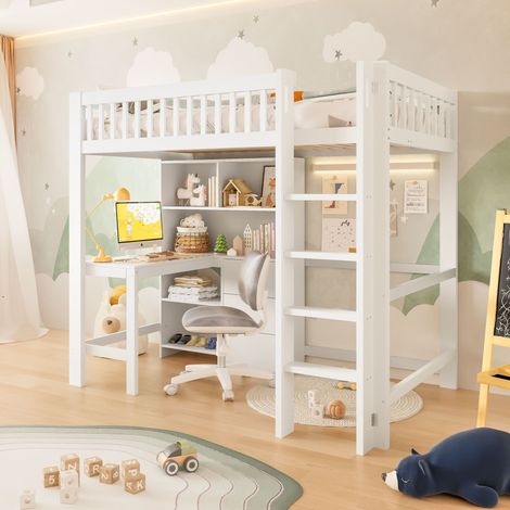 Lit mezzanine 90x200 cm en pin blanc avec bureau intégré, étagères, 3 tiroirs et échelle, lit enfant avec rangements sans matelas (1/5)