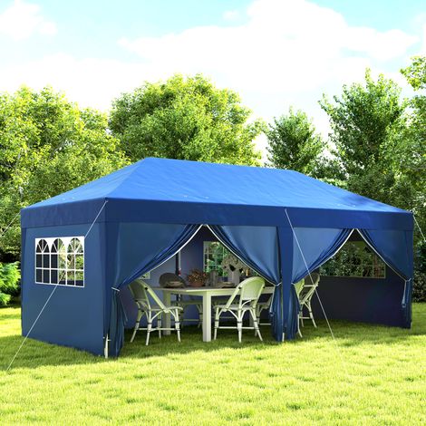 Gazebo da giardino per esterni, pieghevole, 3 x 6 m con 6 pannelli laterali, borsa per il trasporto inclusa, blu.