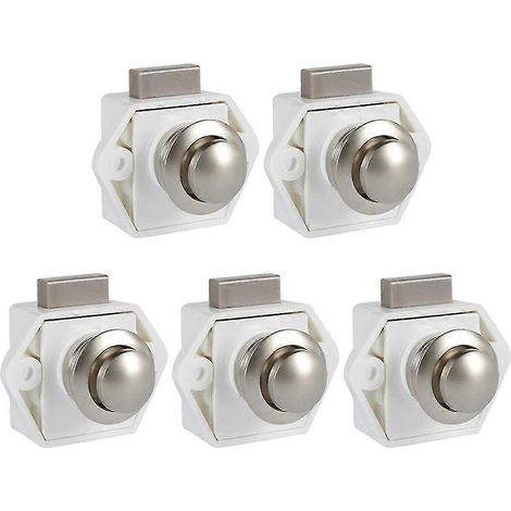 Lot de 5 verrous à bouton-poussoir de 20 mm pour voitures, camping-cars, caravanes, bateaux, mobil-homes, armoires et tiroirs (blanc).